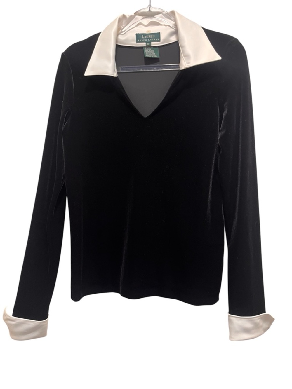 Lauren Ralph Lauren Black Velvet Sz S Top White Contrast Removable Collar Cuffs